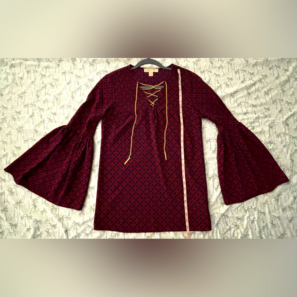 MK blouse - wine red and gold - flared sleeves - Sz S